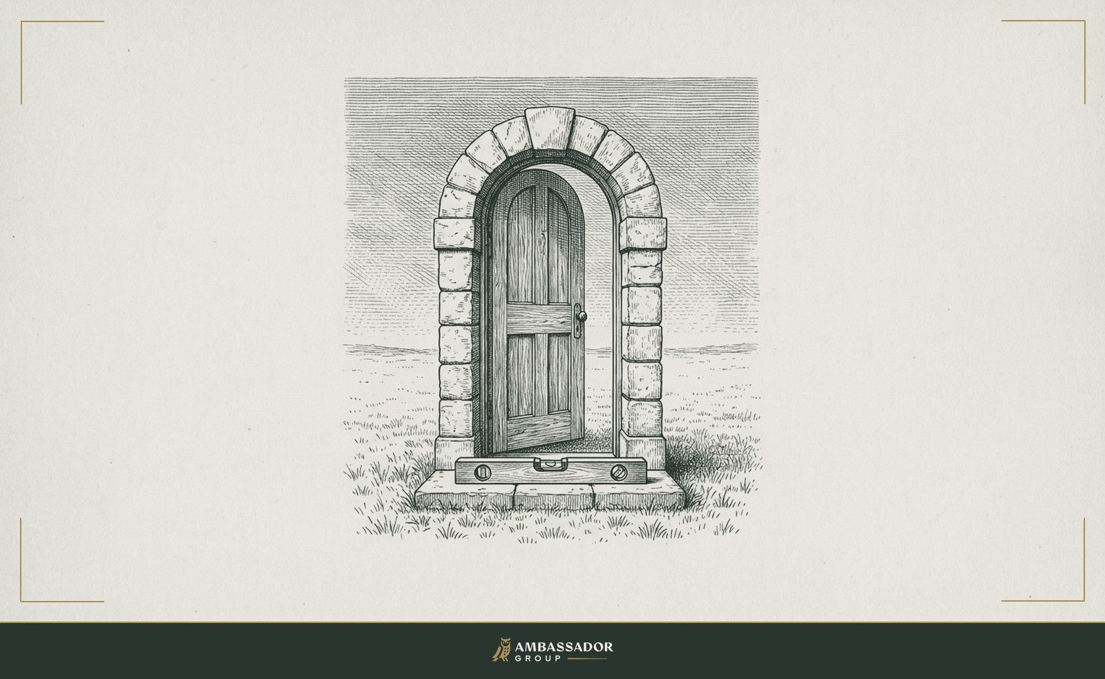 Antique engraving illustration. A timber door standing ajar in an open field, a keystone arch framing it, with a level resting on the threshold showing a centered bubble.