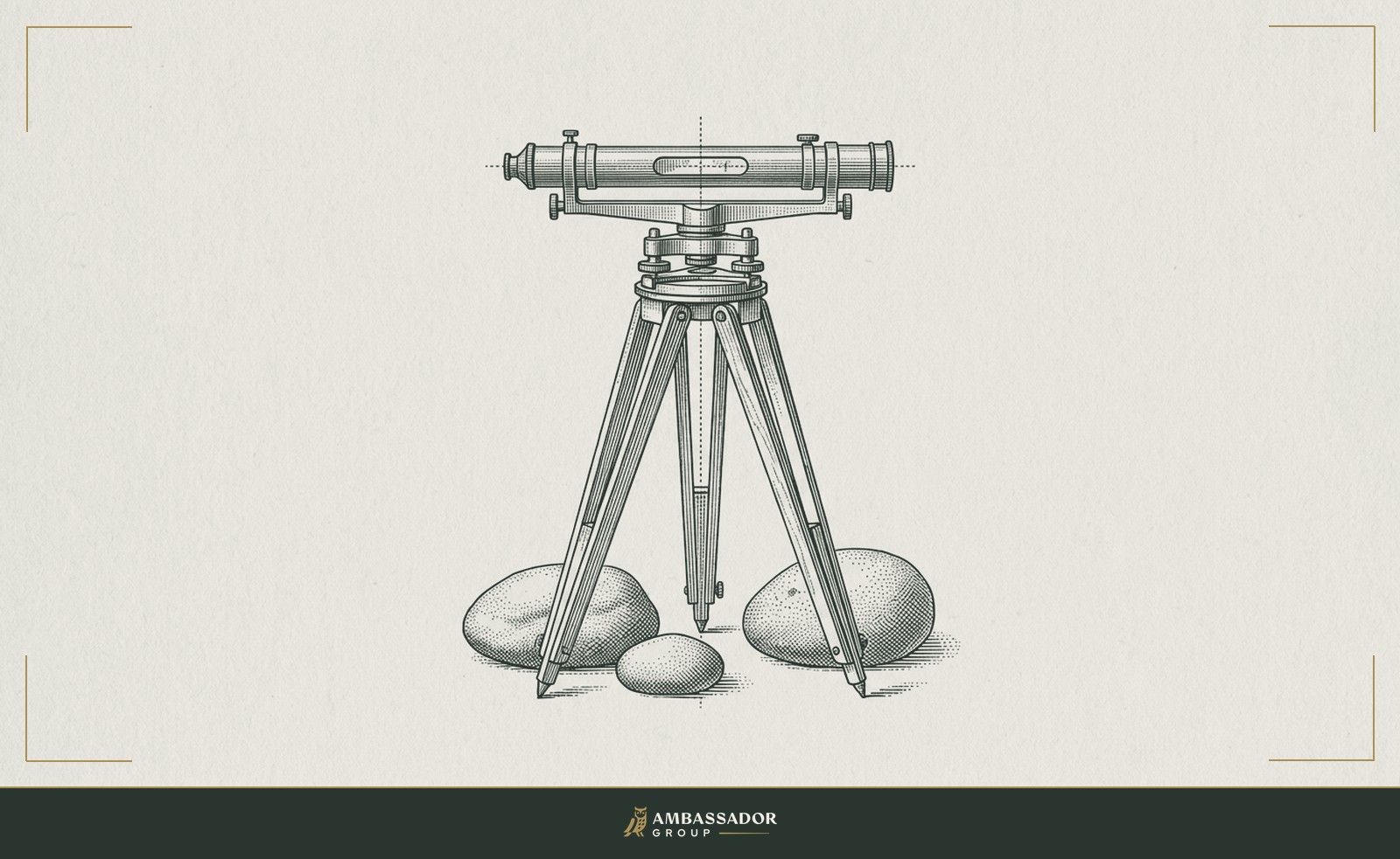 Antique engraving illustration. A surveyor's level resting on a tripod, balanced perfectly true, with three river stones of different weights arranged beside its base.