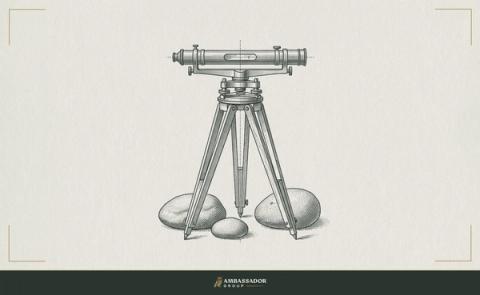 Antique engraving illustration. A surveyor's level resting on a tripod, balanced perfectly true, with three river stones of different weights arranged beside its base.
