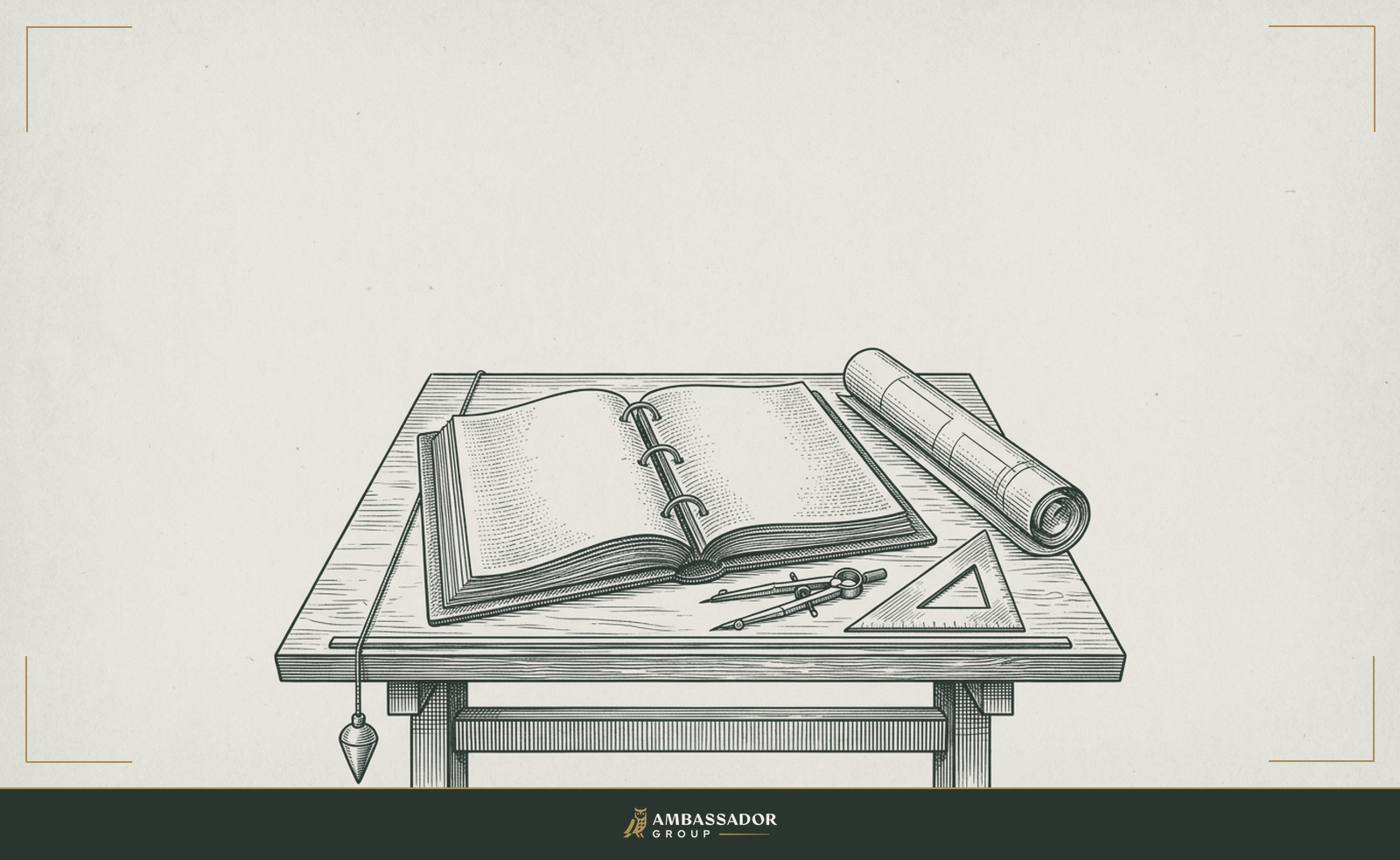 Engraving of an open specification binder and architectural blueprint on a drafting table with dividers, set square and plumb line, representing written quality standards.