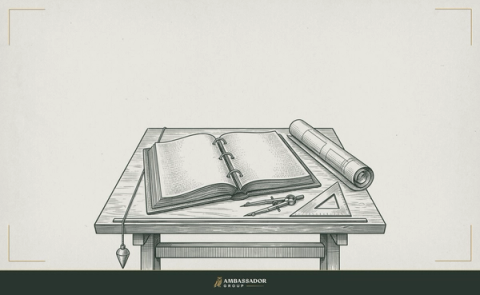 Engraving of an open specification binder and architectural blueprint on a drafting table with dividers, set square and plumb line, representing written quality standards.