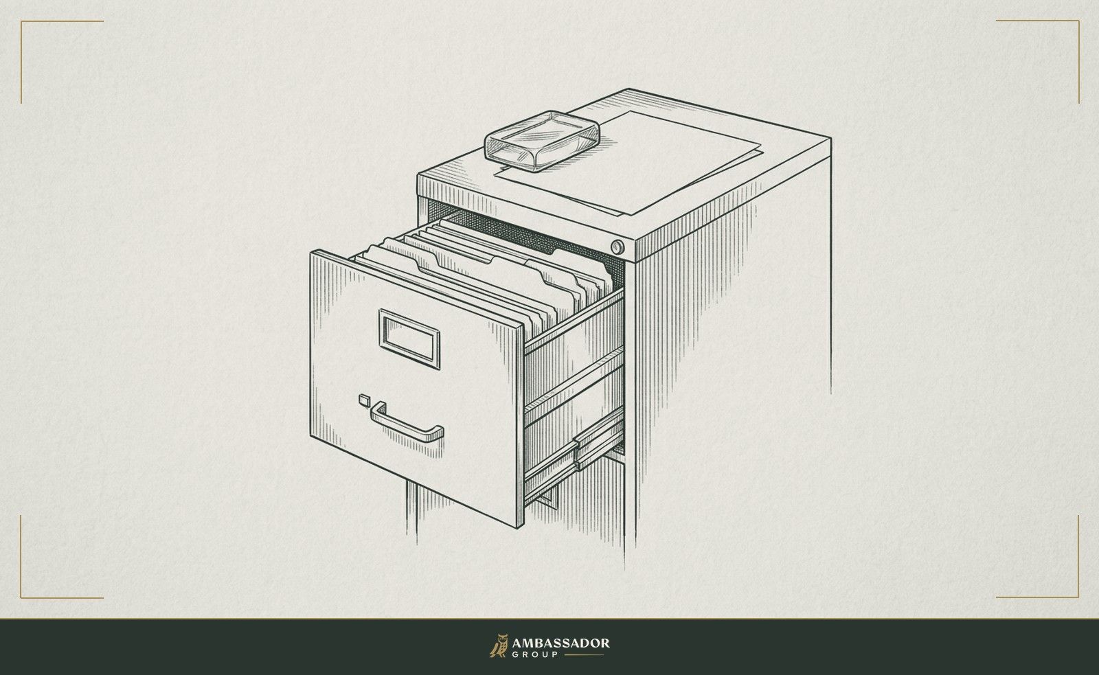 Antique engraving illustration. A filing cabinet drawer pulled open, folders standing upright and labeled, one sheet pressed flat under a glass paperweight on top.