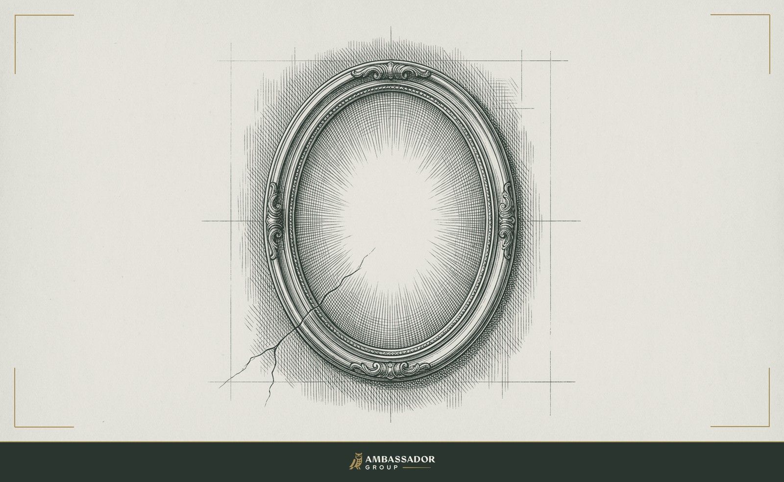 Antique engraving illustration. A polished brass mirror that reflects back only a radiant idealized surface while the wall behind it shows a crack spreading from the frame's lower corner.