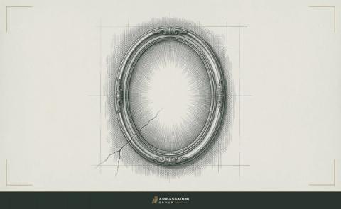 Antique engraving illustration. A polished brass mirror that reflects back only a radiant idealized surface while the wall behind it shows a crack spreading from the frame's lower corner.