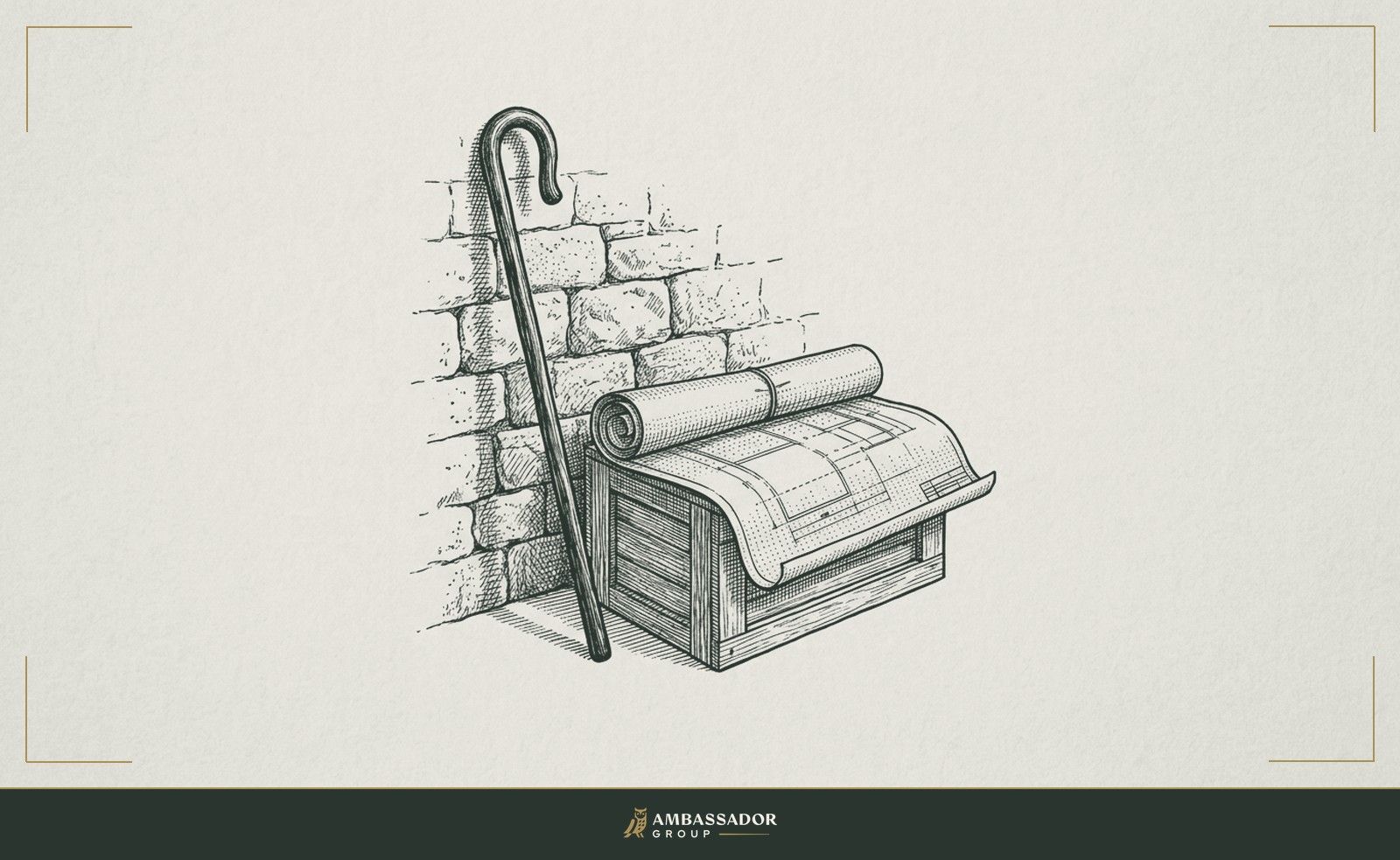Antique engraving illustration. A shepherd's crook leaning against a stone wall beside a set of blueprints, the two objects side by side suggesting the hidden dual role of a leader.