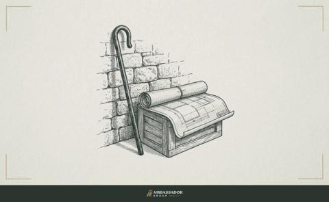 Antique engraving illustration. A shepherd's crook leaning against a stone wall beside a set of blueprints, the two objects side by side suggesting the hidden dual role of a leader.
