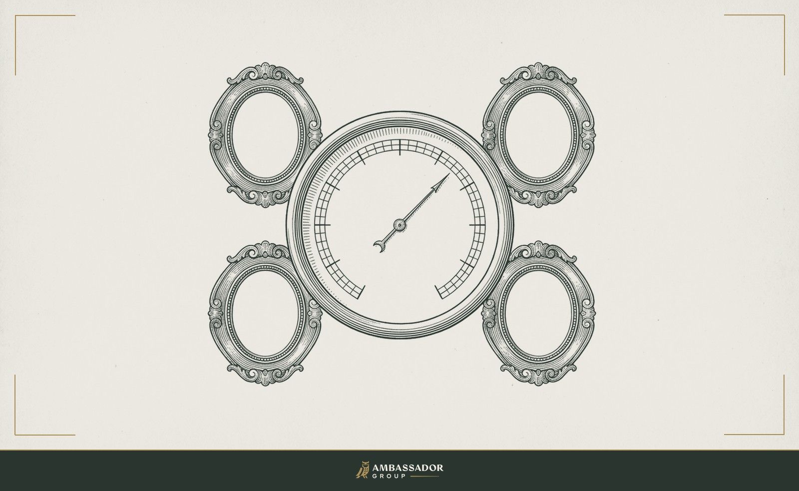 Antique engraving illustration. A radial dial gauge with a fine needle, surrounded by four small portrait frames arranged symmetrically around it.