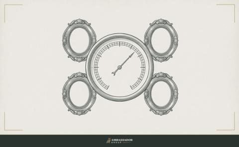 Antique engraving illustration. A radial dial gauge with a fine needle, surrounded by four small portrait frames arranged symmetrically around it.