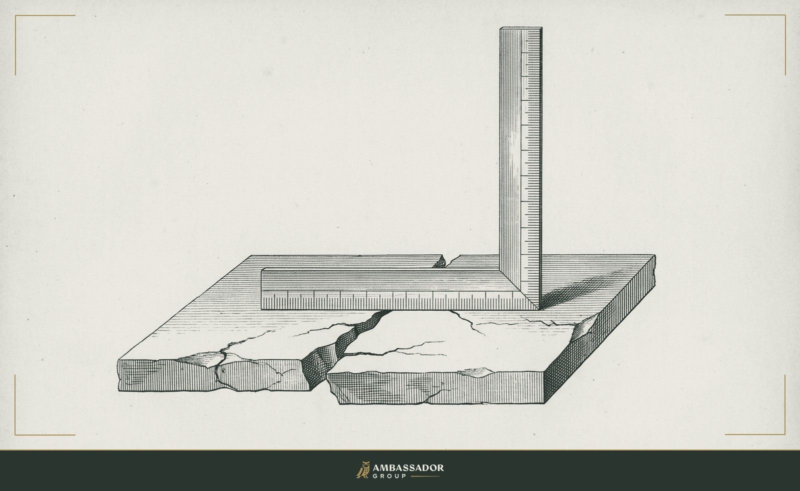 Antique engraving illustration. A carpenter's framing square laid across a cracked slab, one leg bridging the gap, the other pointing skyward.