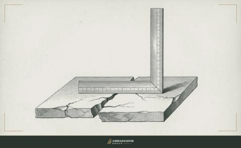 Antique engraving illustration. A carpenter's framing square laid across a cracked slab, one leg bridging the gap, the other pointing skyward.
