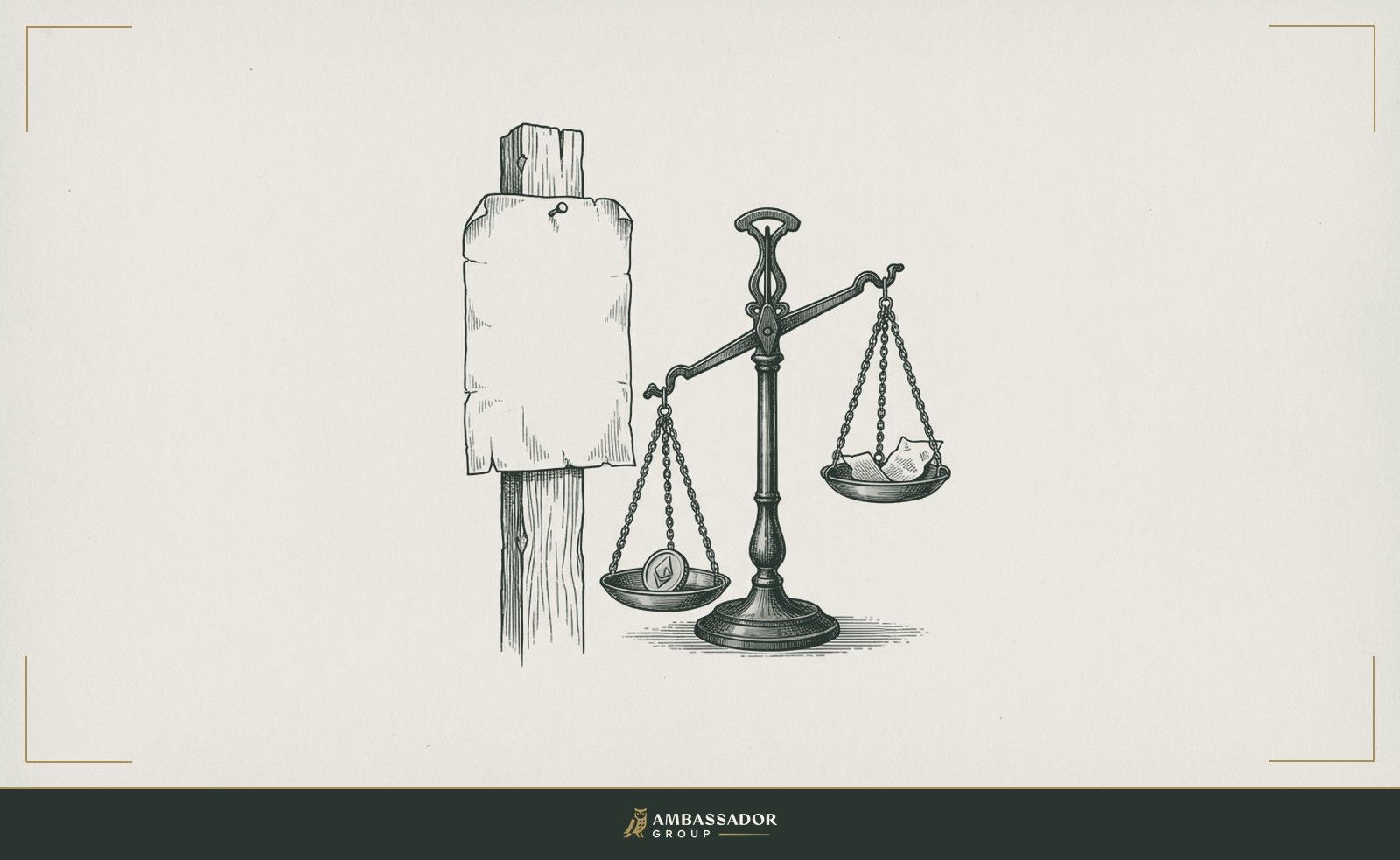Antique engraving illustration. A peddlers broadsheet nailed to a post beside a true assayers balance scale weighing a single gold coin, the scale tipping to show the posted offer is lighter than its claim, no text or numerals anywhere.