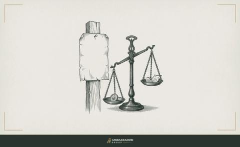 Antique engraving illustration. A peddlers broadsheet nailed to a post beside a true assayers balance scale weighing a single gold coin, the scale tipping to show the posted offer is lighter than its claim, no text or numerals anywhere.