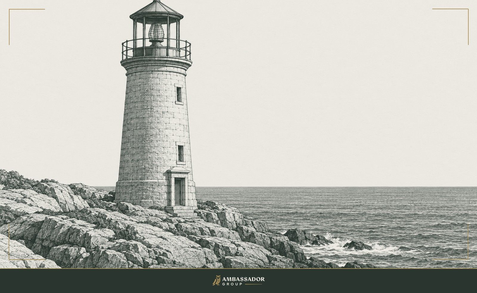Antique engraving illustration. A tall stone lighthouse rises from a rocky point, its lamp housing open to the sky.