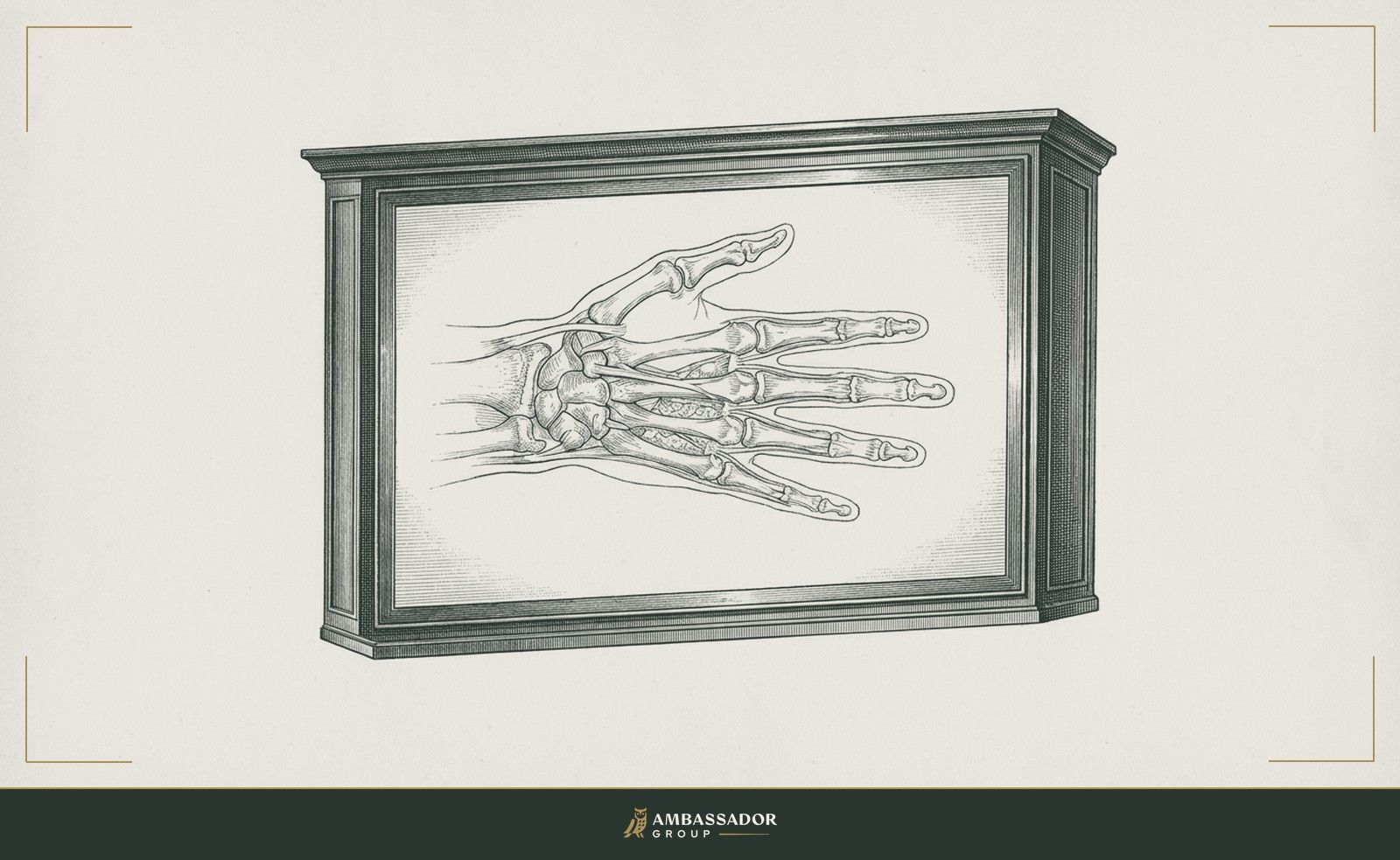 Antique engraving illustration. An X-ray lightboard illuminating a detailed anatomical cross-section of a hand, the hidden structure revealed in full relief, every bone and tendon visible where only skin appeared before.