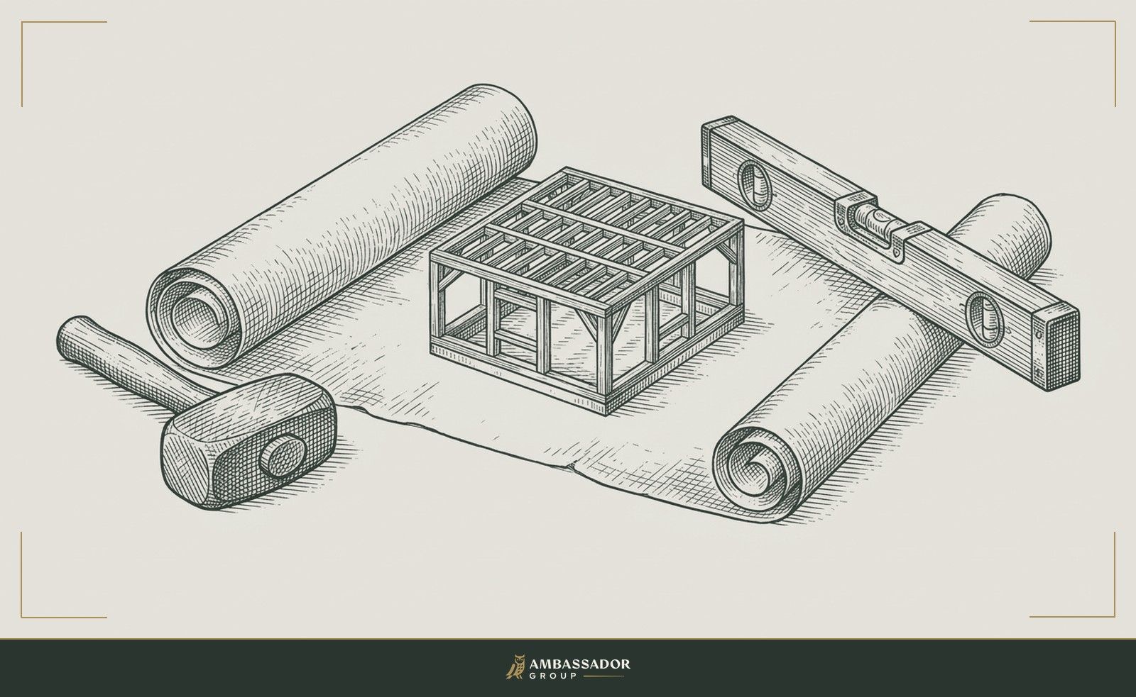 Antique engraving illustration. A job description scroll unrolled and anchored by a mallet and a level at opposite ends, serving as the literal foundation of a small model frame above it.