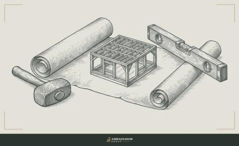 Antique engraving illustration. A job description scroll unrolled and anchored by a mallet and a level at opposite ends, serving as the literal foundation of a small model frame above it.