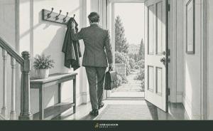 Antique engraving illustration. An open door at the end of a hallway with a coat being lifted from a hook, a dignified professional departure.