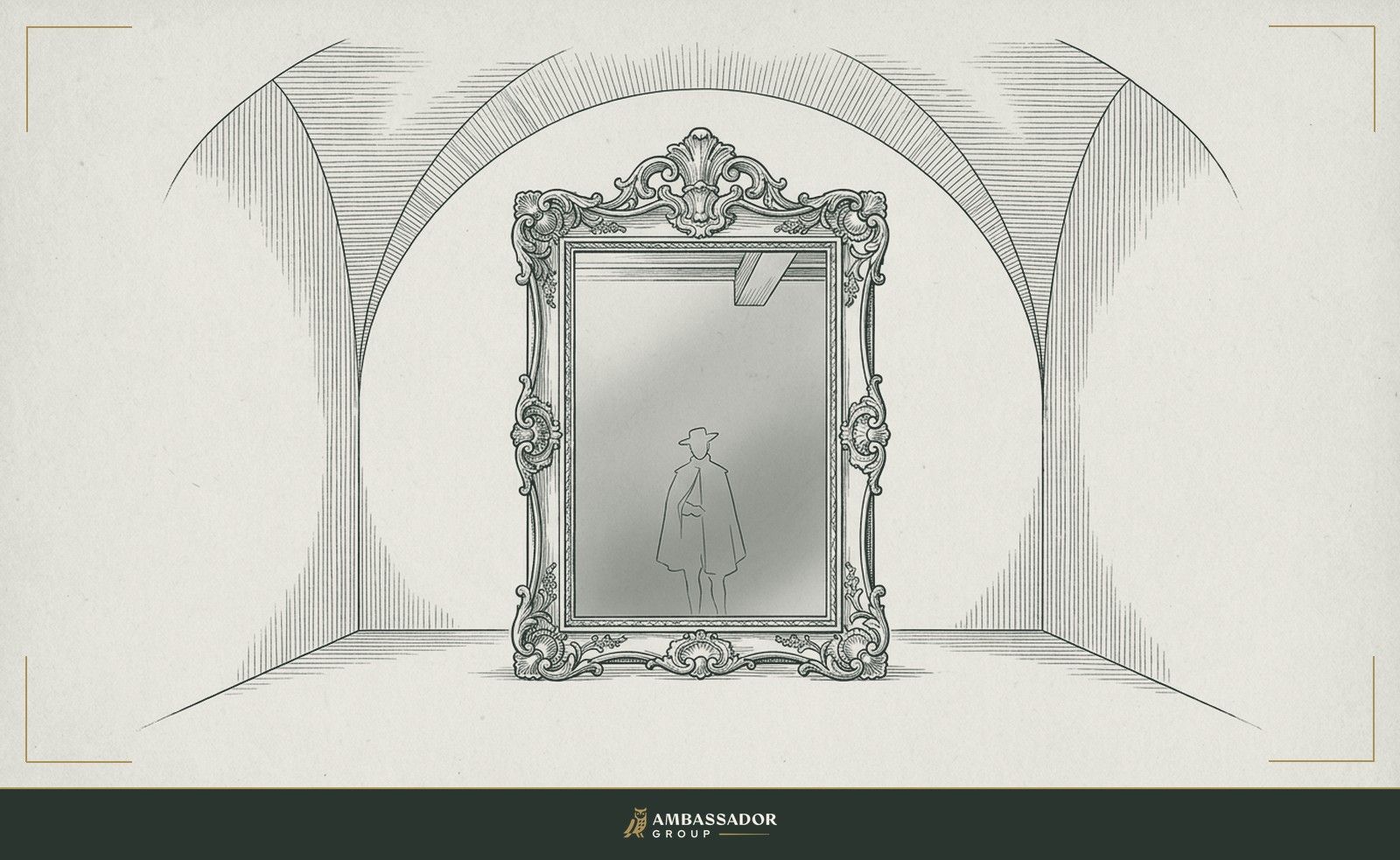 Antique engraving illustration. A mirror in an ornate frame standing in an empty room, its surface reflecting only the viewer's outline, the room's ceiling visible just above the reflection's crown, setting the limit.