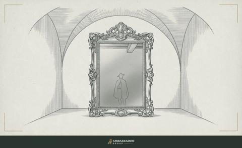 Antique engraving illustration. A mirror in an ornate frame standing in an empty room, its surface reflecting only the viewer's outline, the room's ceiling visible just above the reflection's crown, setting the limit.