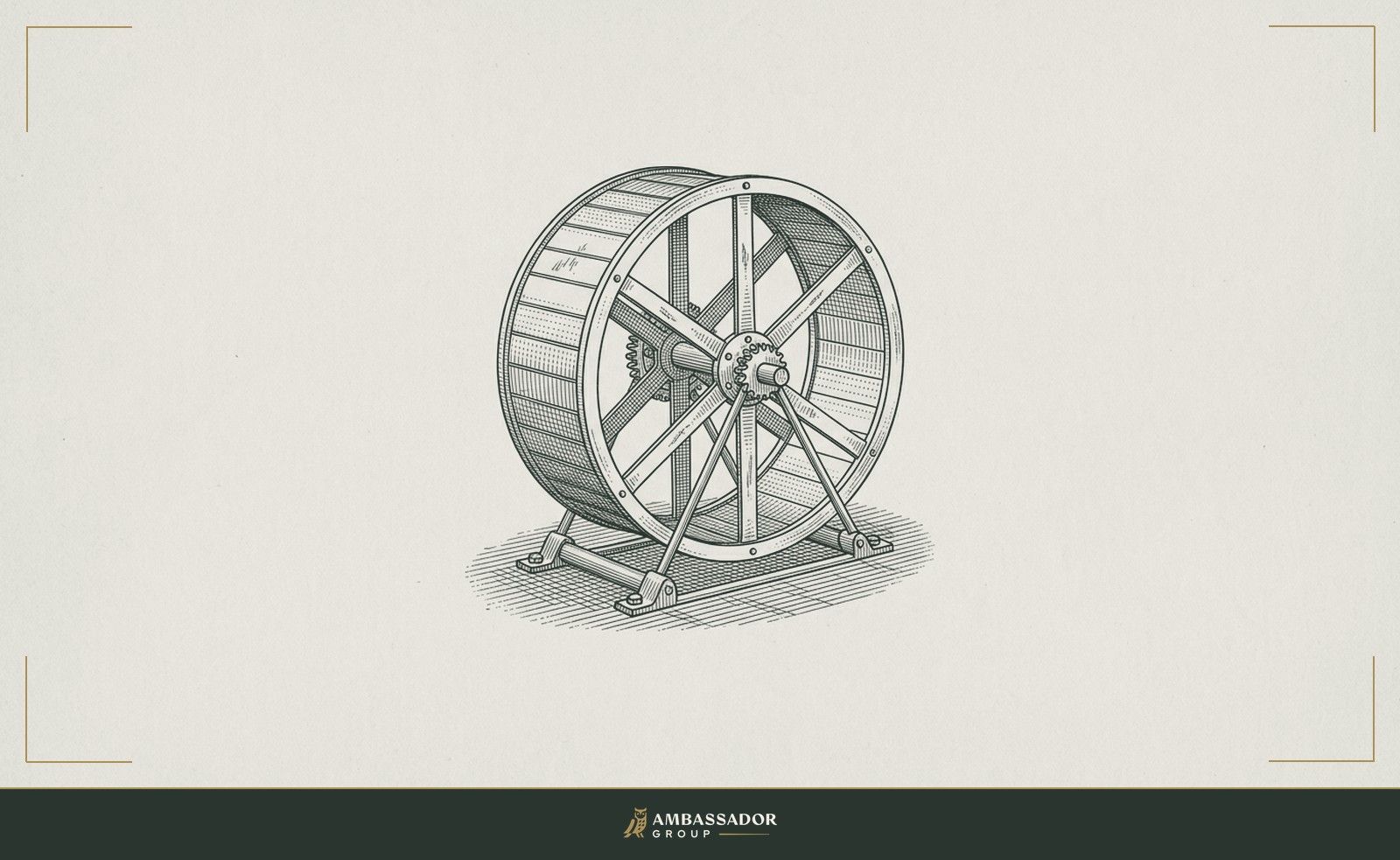 Antique engraving illustration. A hamster wheel engraved in fine mechanical detail, its spokes polished from continuous rotation, the axle bolted to the floor, industrious motion that builds nothing and arrives nowhere.