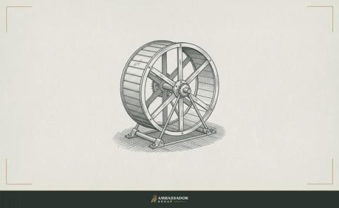 Antique engraving illustration. A hamster wheel engraved in fine mechanical detail, its spokes polished from continuous rotation, the axle bolted to the floor, industrious motion that builds nothing and arrives nowhere.