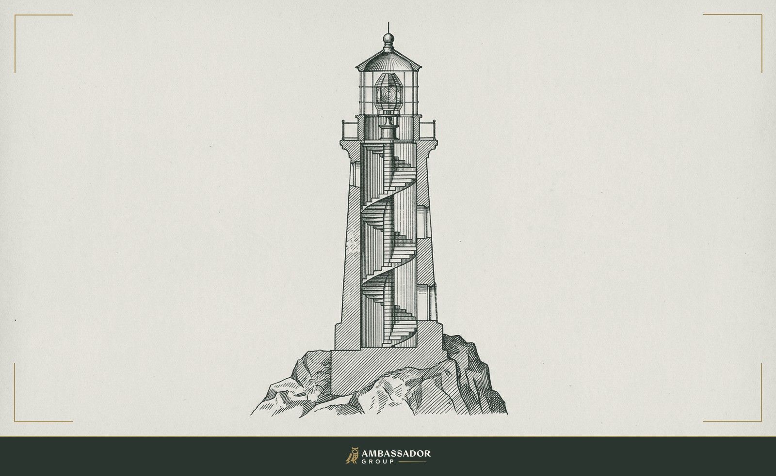 Antique engraving illustration. A lighthouse lantern at the apex of a rising stone staircase, each step below it inscribed with a single horizontal line, the tower built course by deliberate course from bedrock to light.