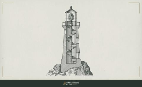 Antique engraving illustration. A lighthouse lantern at the apex of a rising stone staircase, each step below it inscribed with a single horizontal line, the tower built course by deliberate course from bedrock to light.
