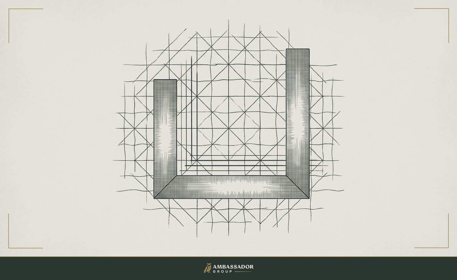 Antique engraving illustration. A carpenter's square overlaid on a complex hand-drawn assessment grid, the right angle exposing which lines are truly straight.