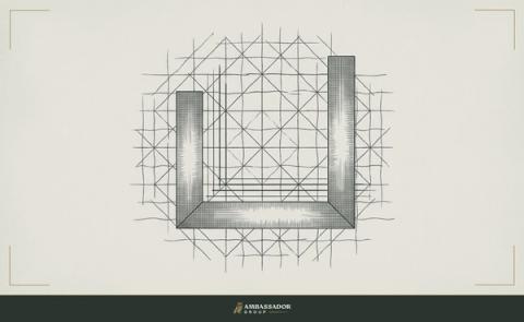 Antique engraving illustration. A carpenter's square overlaid on a complex hand-drawn assessment grid, the right angle exposing which lines are truly straight.