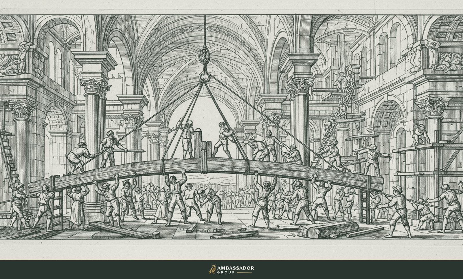 Antique engraving illustration. A crew of workers together hoisting a single heavy roof beam into place with ropes, many hands on one timber.