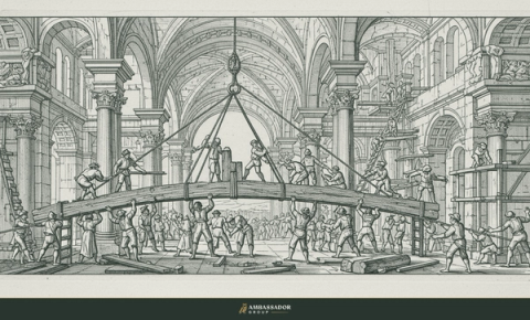 Antique engraving illustration. A crew of workers together hoisting a single heavy roof beam into place with ropes, many hands on one timber.