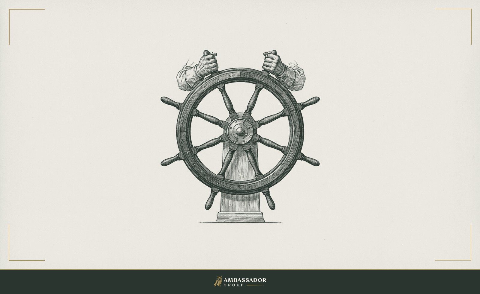Antique engraving illustration. A captain's wheel mounted at the helm of a vessel, a pair of hands gripping it directly, no intermediary, no rope relay, the steering finally brought back to where the vessel's course is set.