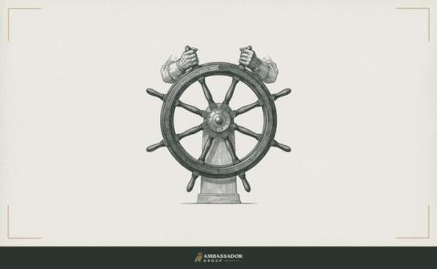 Antique engraving illustration. A captain's wheel mounted at the helm of a vessel, a pair of hands gripping it directly, no intermediary, no rope relay, the steering finally brought back to where the vessel's course is set.