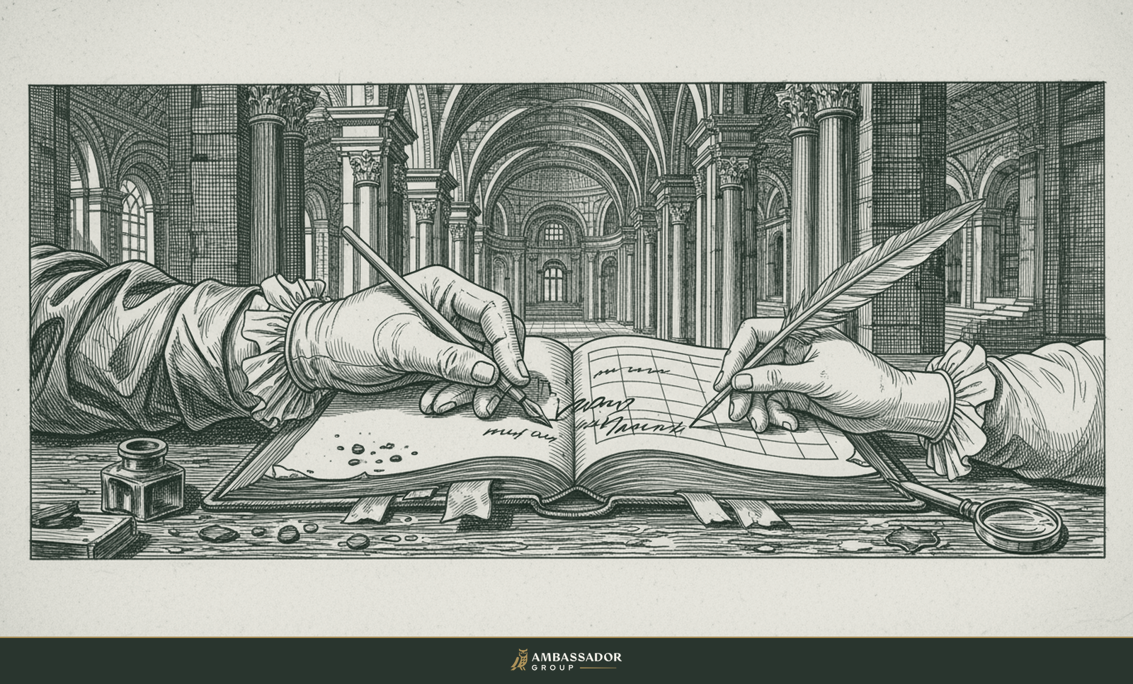 Antique engraving illustration. A hand altering an old entry in a leather ledger, erasing ink and writing over it, quietly rewriting what happened.