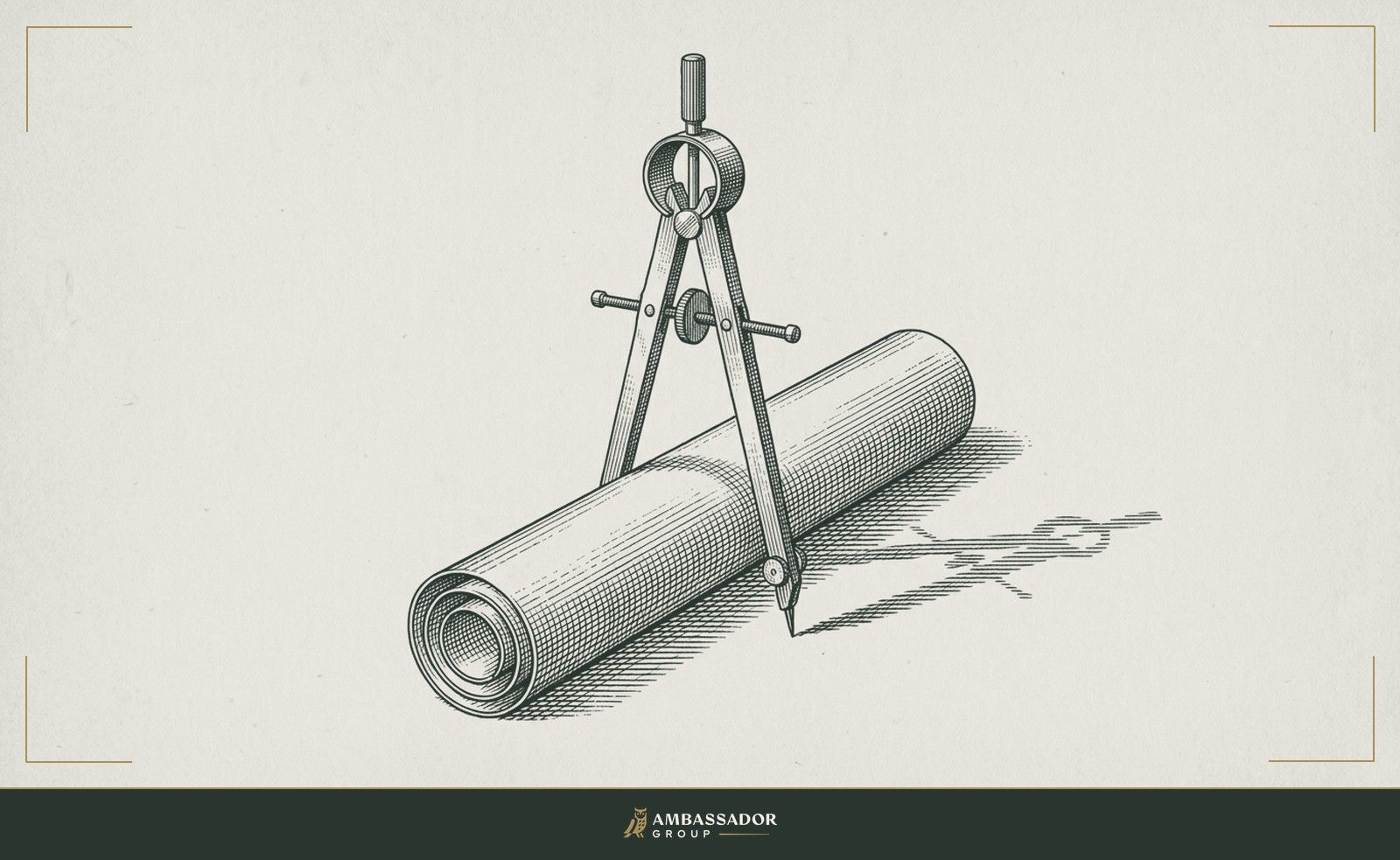 Antique engraving illustration. An open brass drafting compass stands upright on a furled roll of blueprints, casting a long shadow.