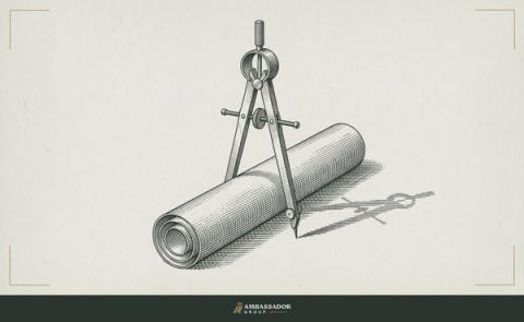 Antique engraving illustration. An open brass drafting compass stands upright on a furled roll of blueprints, casting a long shadow.