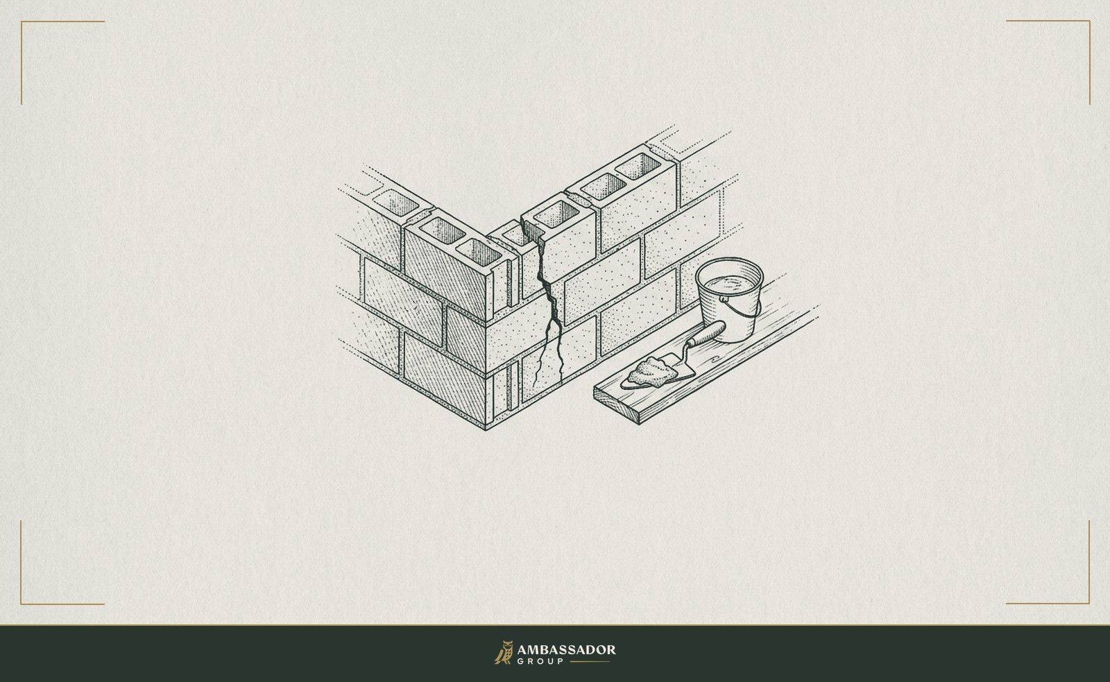 Antique engraving illustration. A freshly laid foundation with a single cracked mortar joint running through it, a trowel nearby with fresh mortar ready, the repair obvious and waiting.