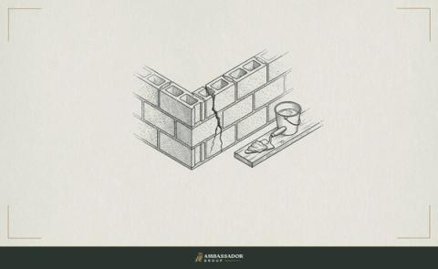 Antique engraving illustration. A freshly laid foundation with a single cracked mortar joint running through it, a trowel nearby with fresh mortar ready, the repair obvious and waiting.