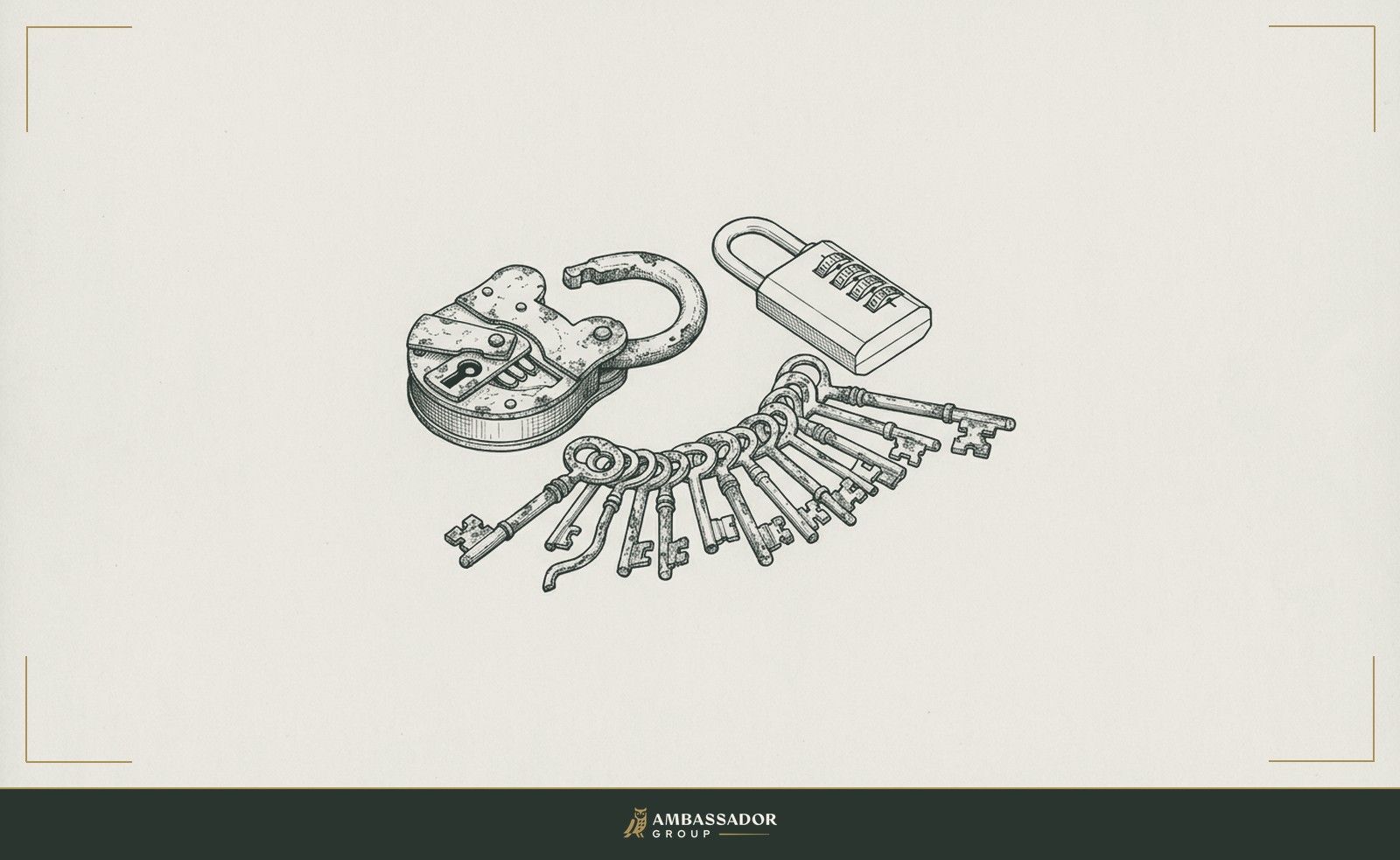 Antique engraving illustration. An old iron padlock lying open and obsolete beside a modern combination lock, a queue of keys made for the old mechanism rendered useless, authority that fit one era and no longer opens the door.