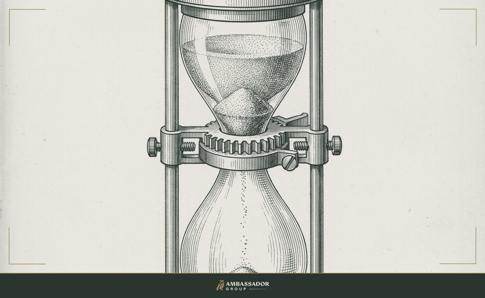 Antique engraving illustration. An hourglass with the upper chamber still full, its neck narrowed by a constricting clamp, speed artificially forced, sand piling at the restriction instead of flowing clean.
