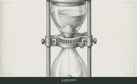 Antique engraving illustration. An hourglass with the upper chamber still full, its neck narrowed by a constricting clamp, speed artificially forced, sand piling at the restriction instead of flowing clean.