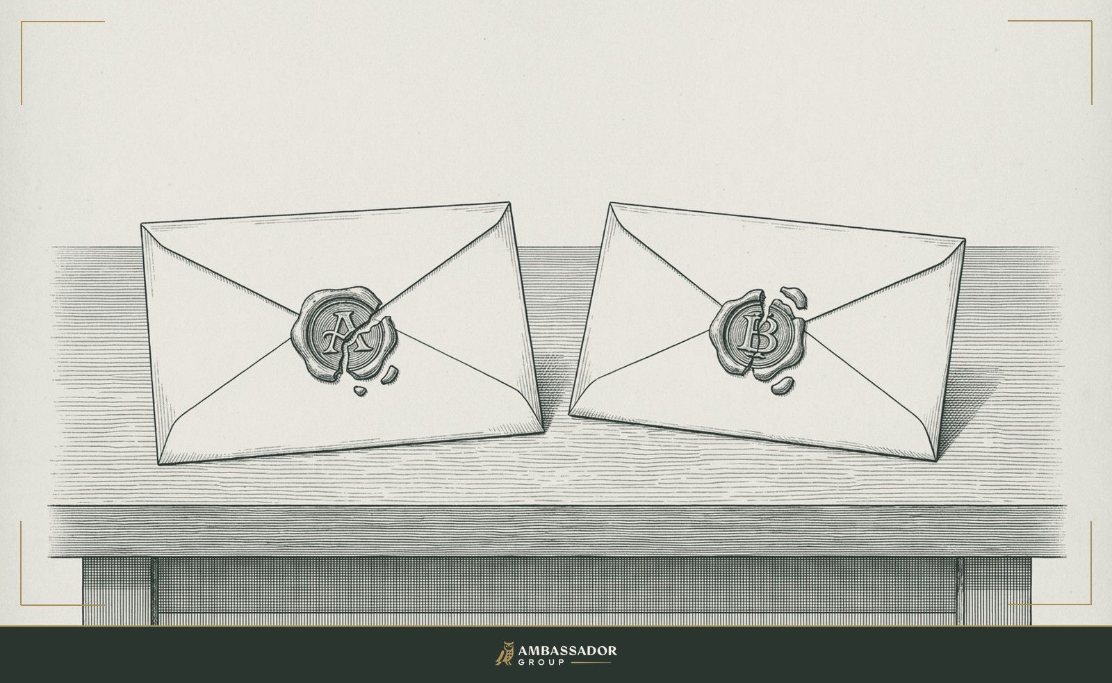Antique engraving illustration. Two sealed envelopes addressed and facing each other across a table, a wax seal broken on each, suggesting introduction before the encounter rather than arrival as strangers.