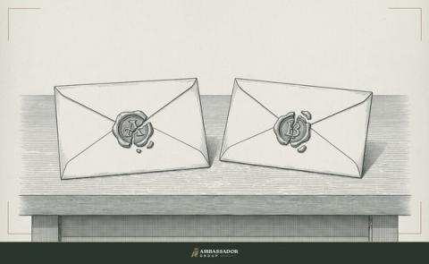 Antique engraving illustration. Two sealed envelopes addressed and facing each other across a table, a wax seal broken on each, suggesting introduction before the encounter rather than arrival as strangers.