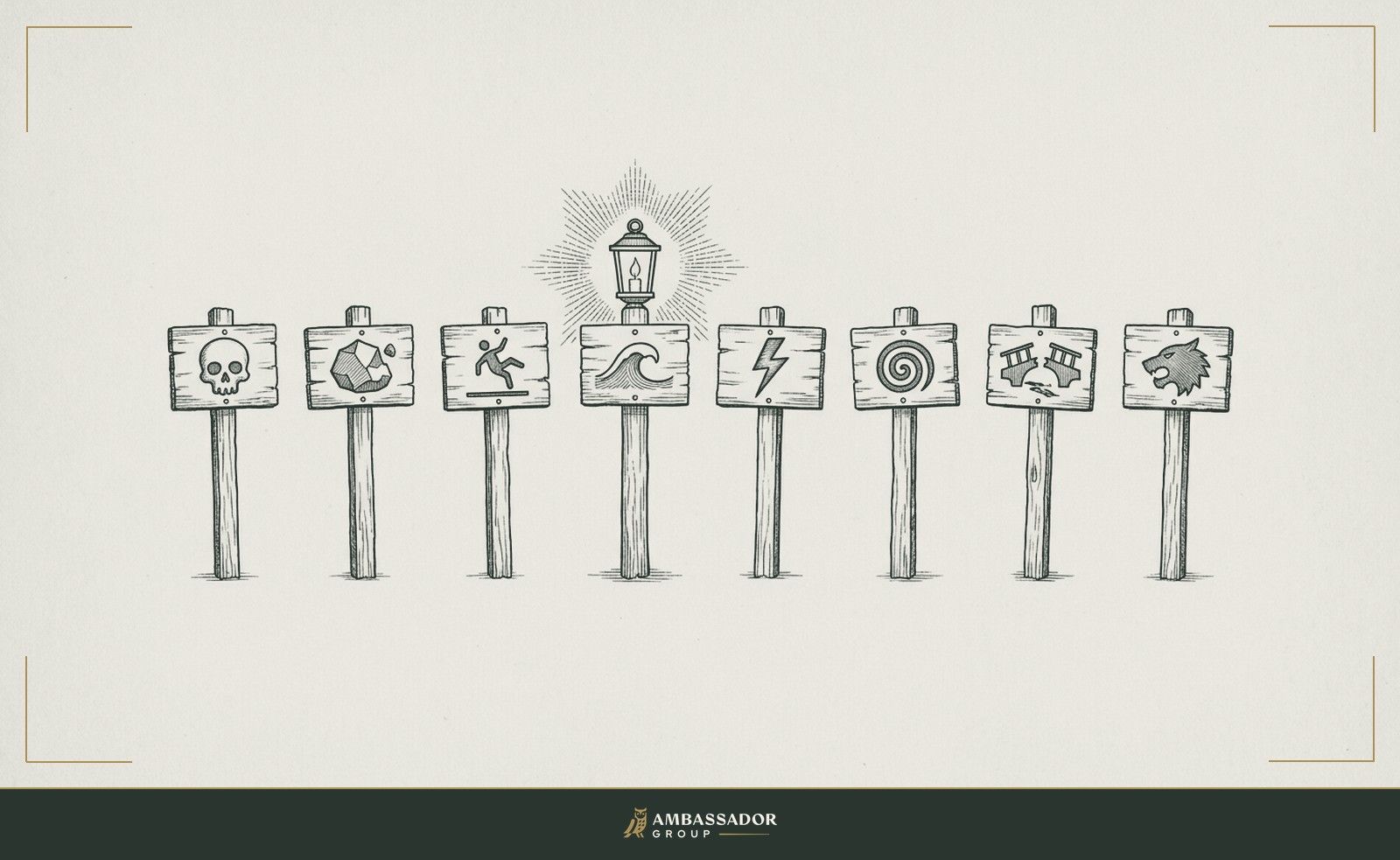 Antique engraving illustration. An eight signposts arranged in a row, each with a different carved warning symbol, one post facing forward with a lantern lit atop it among the rest unlit.