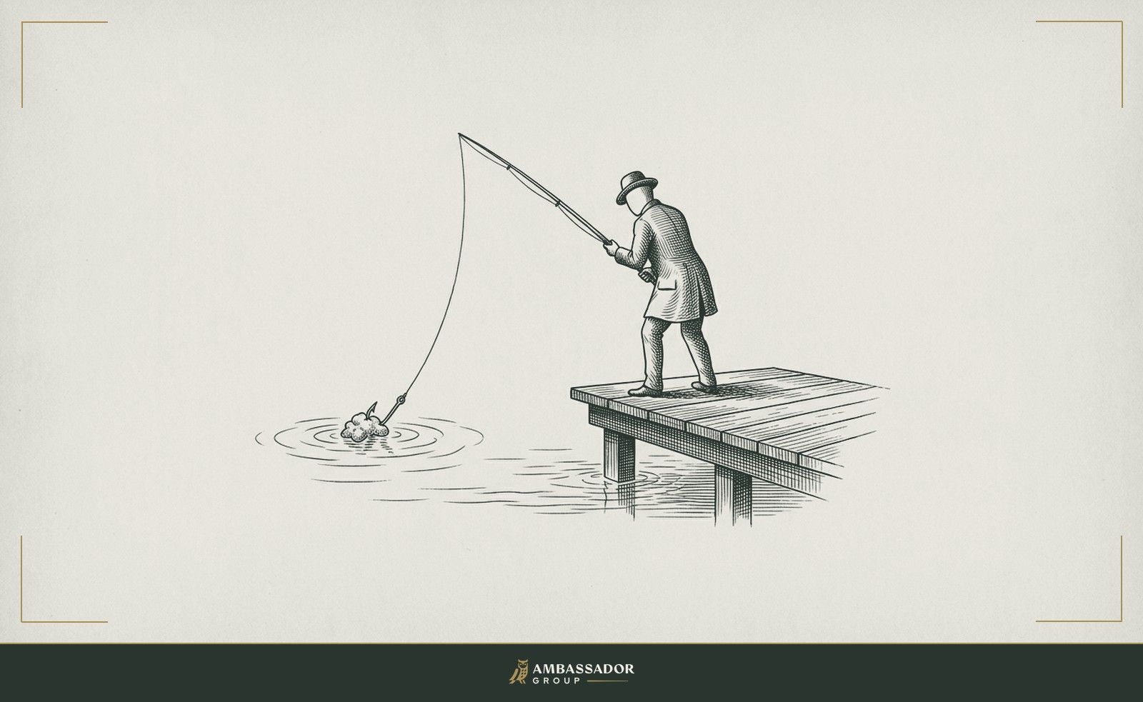 Antique engraving illustration. A fishing line cast from a dock with the hook visible just below the surface, the bait conspicuous, the angler's posture revealing calculation rather than genuine crossing.