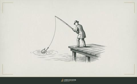 Antique engraving illustration. A fishing line cast from a dock with the hook visible just below the surface, the bait conspicuous, the angler's posture revealing calculation rather than genuine crossing.