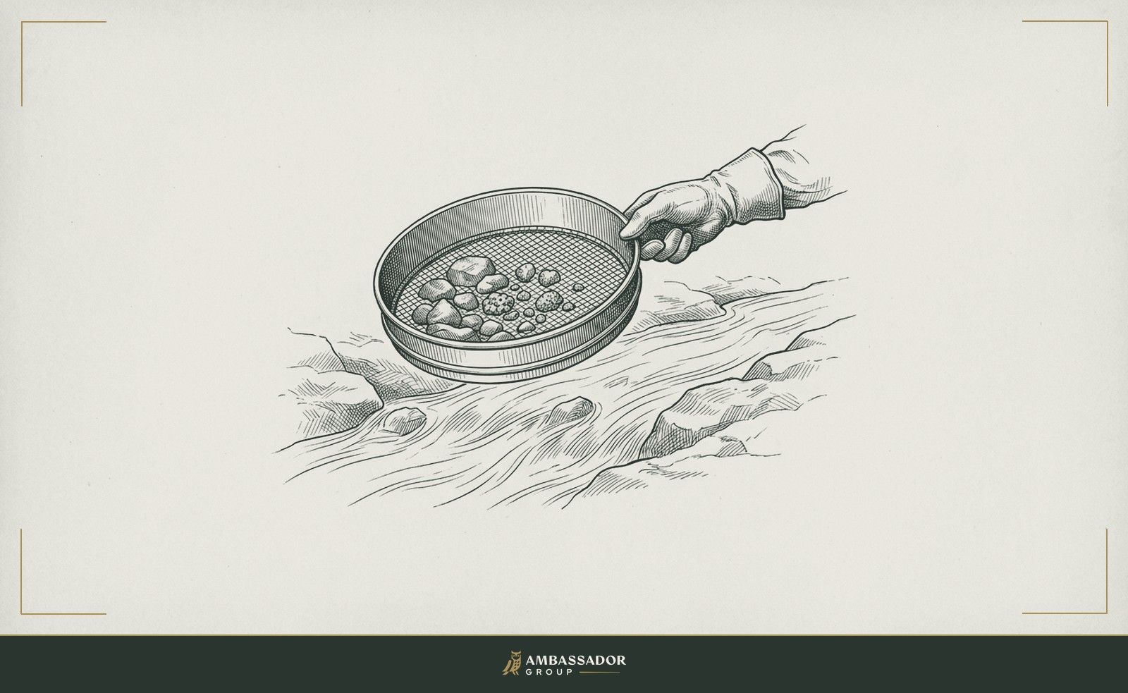 Antique engraving illustration. A prospector's sieve held at arm's length over a stream, several promising stones caught in its mesh, the fine gold still hidden among them.