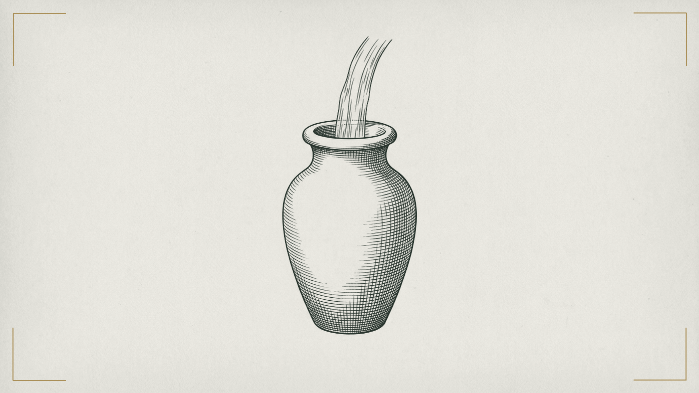 An empty clay vessel being filled with water, humility as the capacity to receive and learn.