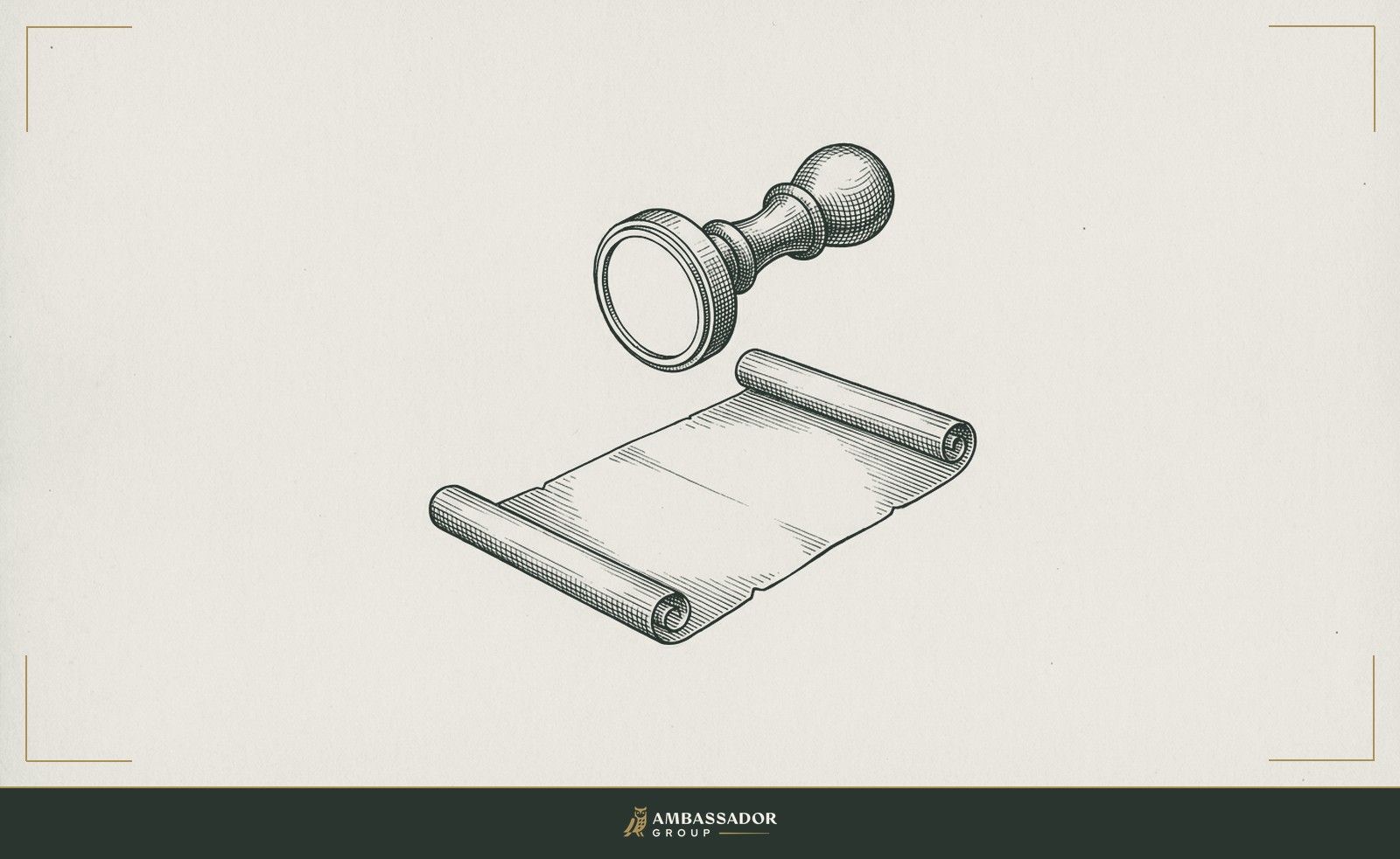 Antique engraving illustration. A quality control stamp hovering above an unsigned contract, the stamp's face clean, the document waiting below it unmarked.