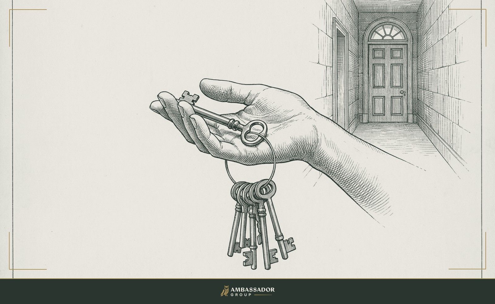 Antique engraving illustration. A single key on a ring with five others, held away from the ring in an open palm, a closed door at the end of a hallway visible in the background.